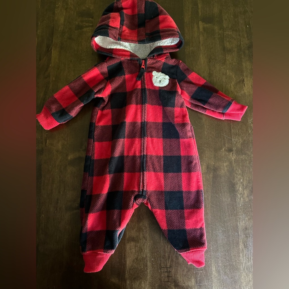 Carters Baby 3 Month Buffalo Plaid‎ Red Black Zip Up Hood Teddy Bear Cute Fall